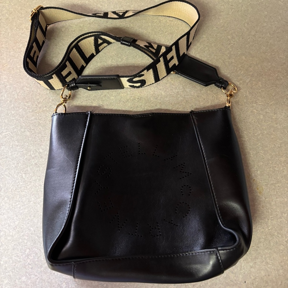 Stella McCartney Black Faux Leather Perorated Logo Small Preppy Crossbody Bag - Picture 2 of 13